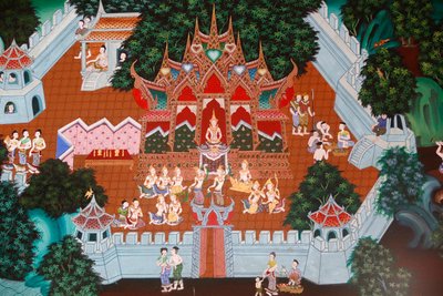 Fresco in Wat Ampharam, Hua Hin, Thailand. Temiya Jataka, Also Named Muga-Pakkha Jataka, One of the Buddha